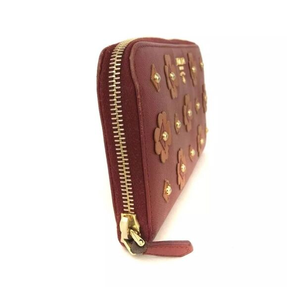PRADA Saffiano Leather Flower Pearl Long Zip Around Wallet Red w/ Orange flowers - Picture 3 of 8